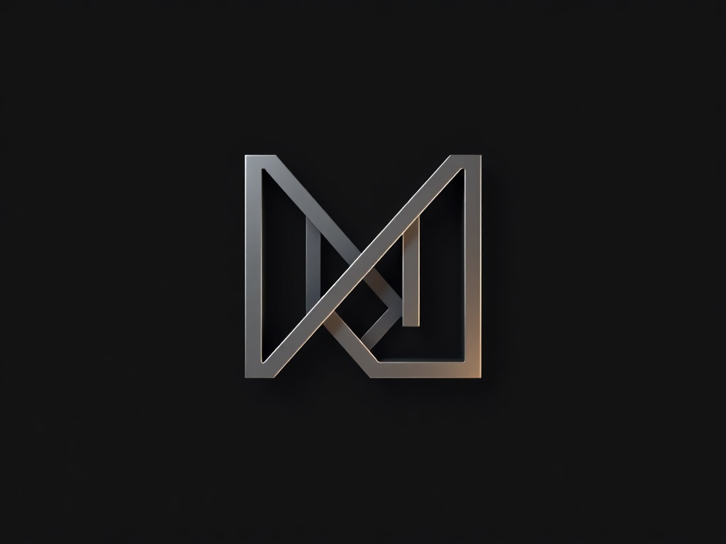 Minimalist elegant logo mark of a stylized 'M' formed by overlapping geometric shapes with subtle gradient, isolated on a dark background, 8k photorealistic 3D rendering, metallic finish